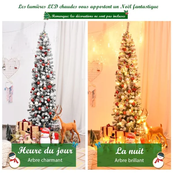 Sapin de Noël Artificiel à Flocons de Neige LED 225CM à Charnières avec 350 Lumières Aiguilles en PVC Support Métallique