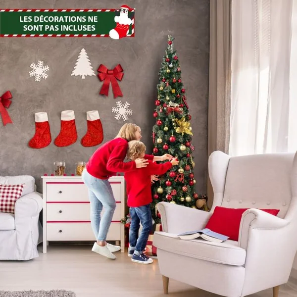 Sapin de Noël Demi-Forme Pré-Illuminé 210 CM Sapin Artificiel avec 403 Pointes de Branches 150 Lumières LED Pied Métallique Sapin de Noël avec Aiguilles de Pin