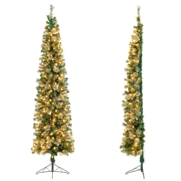 Sapin de Noël Demi-Forme Pré-Illuminé 210 CM Sapin Artificiel avec 403 Pointes de Branches 150 Lumières LED Pied Métallique Sapin de Noël avec Aiguilles de Pin