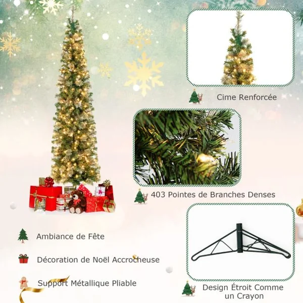 Sapin de Noël Demi-Forme Pré-Illuminé 210 CM Sapin Artificiel avec 403 Pointes de Branches 150 Lumières LED Pied Métallique Sapin de Noël avec Aiguilles de Pin