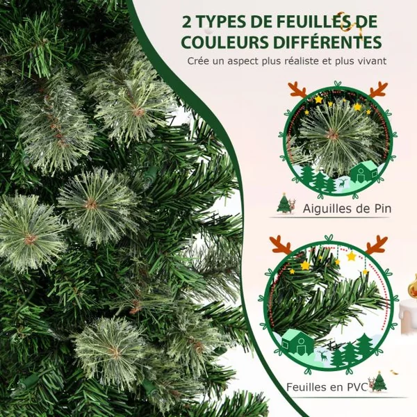 Sapin de Noël Demi-Forme Pré-Illuminé 210 CM Sapin Artificiel avec 403 Pointes de Branches 150 Lumières LED Pied Métallique Sapin de Noël avec Aiguilles de Pin