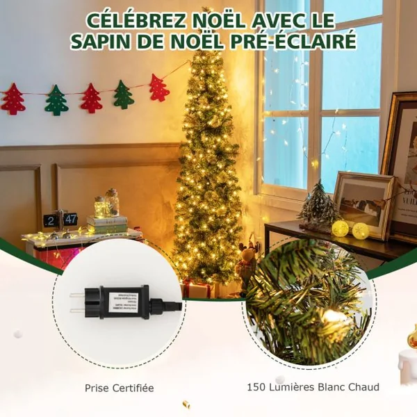 Sapin de Noël Demi-Forme Pré-Illuminé 210 CM Sapin Artificiel avec 403 Pointes de Branches 150 Lumières LED Pied Métallique Sapin de Noël avec Aiguilles de Pin