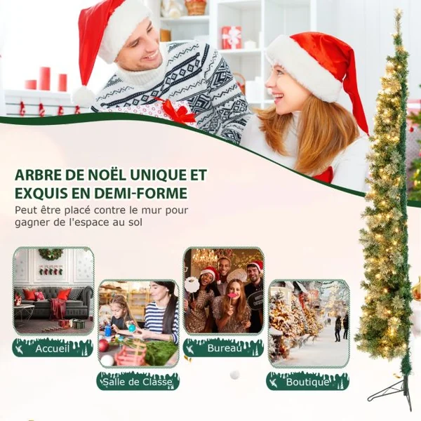 Sapin de Noël Demi-Forme Pré-Illuminé 210 CM Sapin Artificiel avec 403 Pointes de Branches 150 Lumières LED Pied Métallique Sapin de Noël avec Aiguilles de Pin