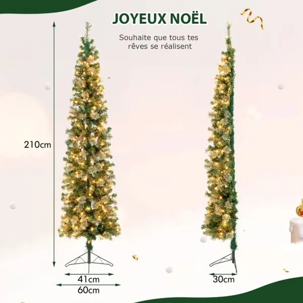 Sapin de Noël Demi-Forme Pré-Illuminé 210 CM Sapin Artificiel avec 403 Pointes de Branches 150 Lumières LED Pied Métallique Sapin de Noël avec Aiguilles de Pin