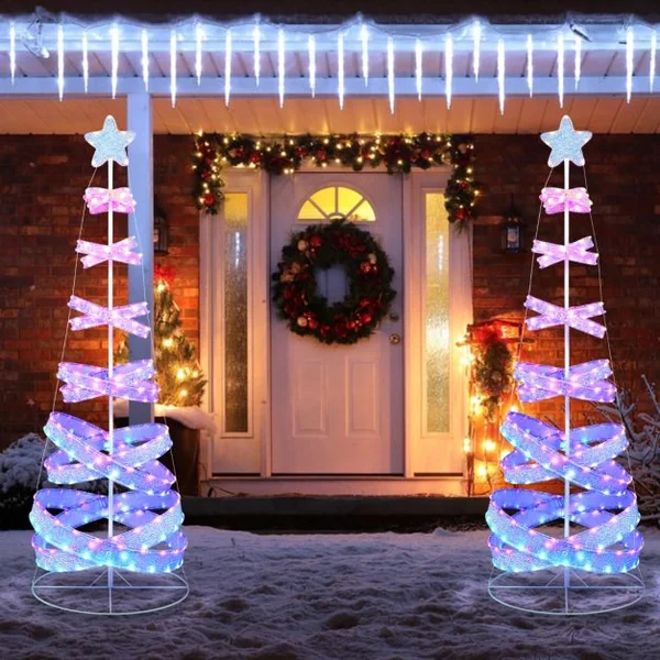 Sapin de Noël en Spirale de 210 cm avec 341 Lumières LED Colorées Arbre de Noël Artificiel Pliable avec Cadre en Fer Décoration de Noël
