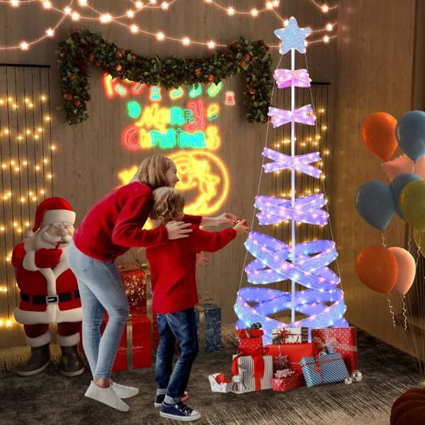 Sapin de Noël en Spirale de 210 cm avec 341 Lumières LED Colorées Arbre de Noël Artificiel Pliable avec Cadre en Fer Décoration de Noël