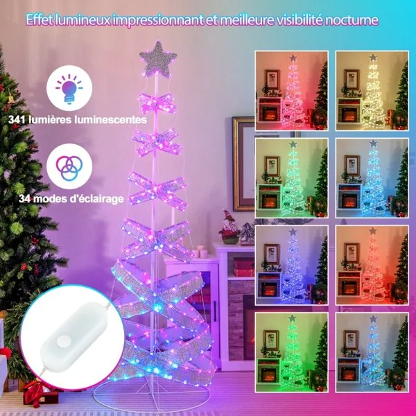 Sapin de Noël en Spirale de 210 cm avec 341 Lumières LED Colorées Arbre de Noël Artificiel Pliable avec Cadre en Fer Décoration de Noël