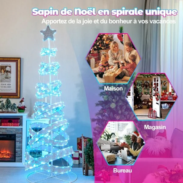 Sapin de Noël en Spirale de 210 cm avec 341 Lumières LED Colorées Arbre de Noël Artificiel Pliable avec Cadre en Fer Décoration de Noël