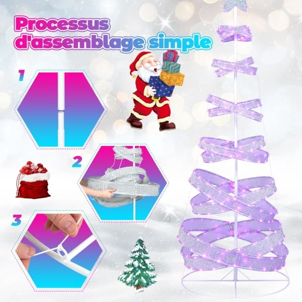 Sapin de Noël en Spirale de 210 cm avec 341 Lumières LED Colorées Arbre de Noël Artificiel Pliable avec Cadre en Fer Décoration de Noël