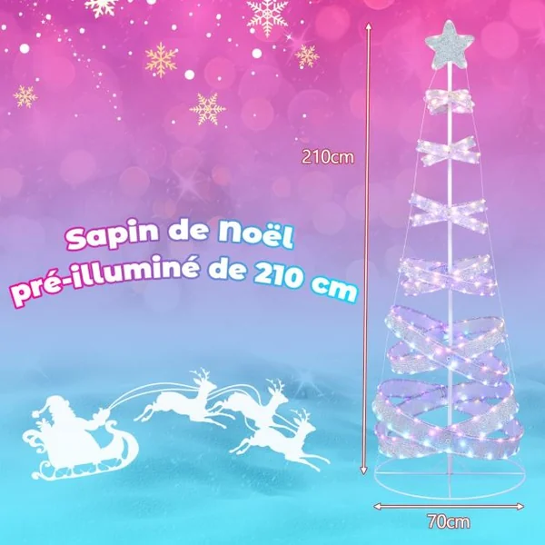 Sapin de Noël en Spirale de 210 cm avec 341 Lumières LED Colorées Arbre de Noël Artificiel Pliable avec Cadre en Fer Décoration de Noël