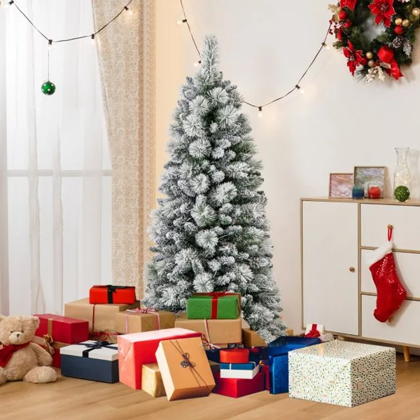Sapin de Noël Floqué de 150/180/210 cm Arbre de Noël avec Aiguilles de Pin 378/517/680 Pointes de Branches 130/170/200 Lumières LED Blanc Chaud Section Pliable