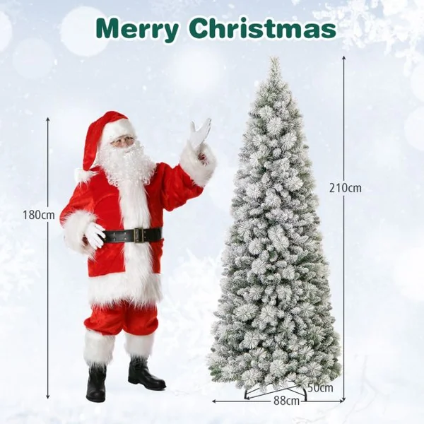 Sapin de Noël Floqué de 150/180/210 cm Arbre de Noël avec Aiguilles de Pin 378/517/680 Pointes de Branches 130/170/200 Lumières LED Blanc Chaud Section Pliable