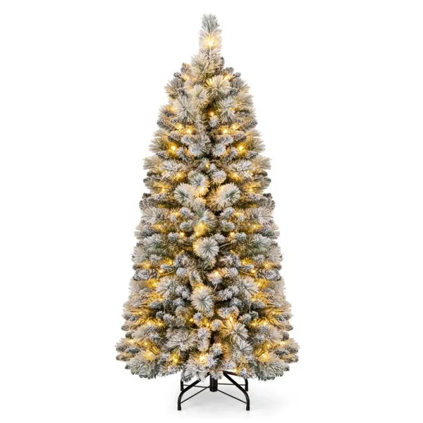 Sapin de Noël Floqué de 150/180/210 cm Arbre de Noël avec Aiguilles de Pin 378/517/680 Pointes de Branches 130/170/200 Lumières LED Blanc Chaud Section Pliable