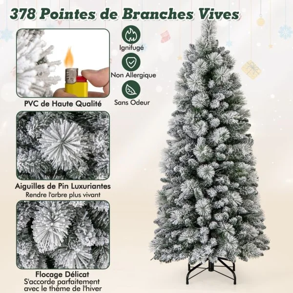 Sapin de Noël Floqué de 150/180/210 cm Arbre de Noël avec Aiguilles de Pin 378/517/680 Pointes de Branches 130/170/200 Lumières LED Blanc Chaud Section Pliable