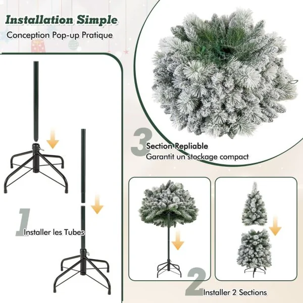 Sapin de Noël Floqué de 150/180/210 cm Arbre de Noël avec Aiguilles de Pin 378/517/680 Pointes de Branches 130/170/200 Lumières LED Blanc Chaud Section Pliable
