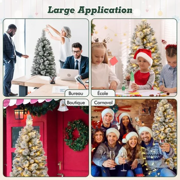 Sapin de Noël Floqué de 150/180/210 cm Arbre de Noël avec Aiguilles de Pin 378/517/680 Pointes de Branches 130/170/200 Lumières LED Blanc Chaud Section Pliable