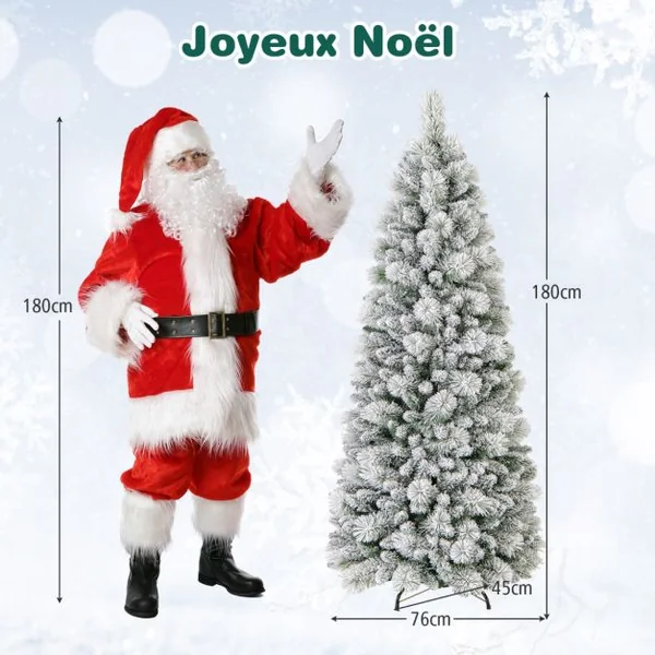 Sapin de Noël Floqué de 150/180/210 cm Arbre de Noël avec Aiguilles de Pin 378/517/680 Pointes de Branches 130/170/200 Lumières LED Blanc Chaud Section Pliable