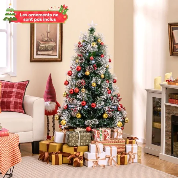 Sapin de Noël Floqué Pointes de Branches Grappes de Baies Rouges Pommes de Pin Fibres Optiques Lumières LED 8 Modes d'Eclairage 150CM/180CM