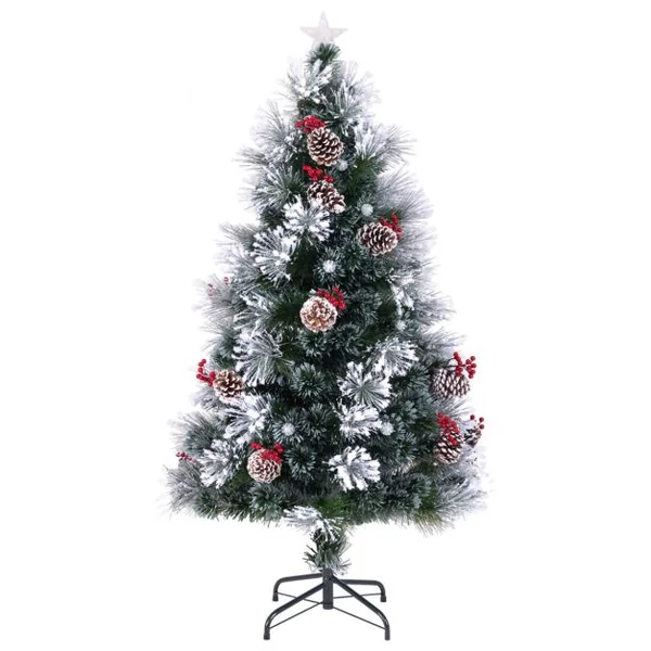Sapin de Noël Floqué Pointes de Branches Grappes de Baies Rouges Pommes de Pin Fibres Optiques Lumières LED 8 Modes d'Eclairage 150CM/180CM