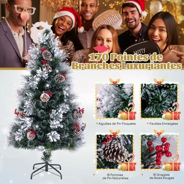 Sapin de Noël Floqué Pointes de Branches Grappes de Baies Rouges Pommes de Pin Fibres Optiques Lumières LED 8 Modes d'Eclairage 150CM/180CM