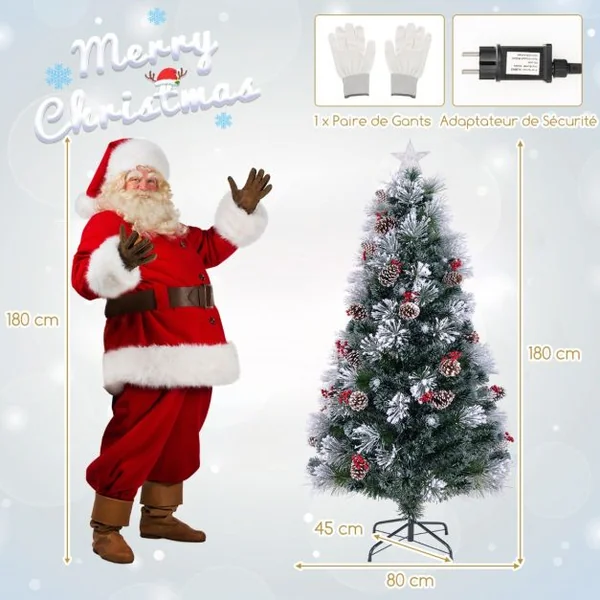 Sapin de Noël Floqué Pointes de Branches Grappes de Baies Rouges Pommes de Pin Fibres Optiques Lumières LED 8 Modes d'Eclairage 150CM/180CM