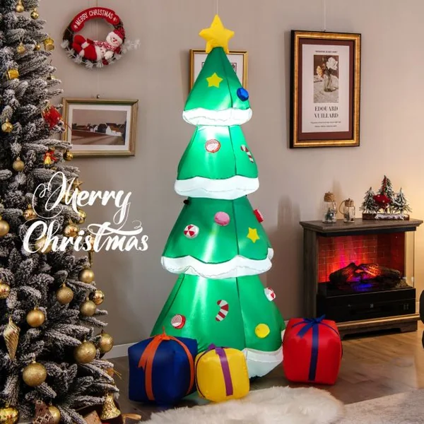 Sapin de Noël Gonflable 180CM avec 3 Paquets Décorations avec Lumières LED Arbre de Noël avec Sac de Sable Piquets Intégrés Multicolore