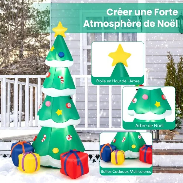 Sapin de Noël Gonflable 180CM avec 3 Paquets Décorations avec Lumières LED Arbre de Noël avec Sac de Sable Piquets Intégrés Multicolore