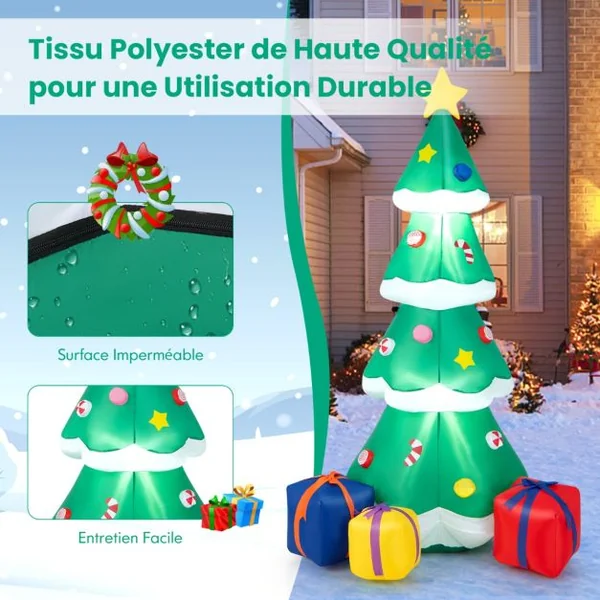 Sapin de Noël Gonflable 180CM avec 3 Paquets Décorations avec Lumières LED Arbre de Noël avec Sac de Sable Piquets Intégrés Multicolore