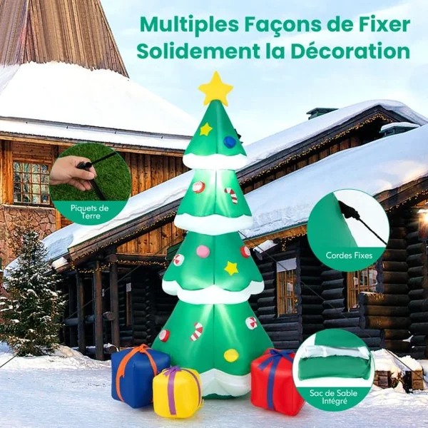 Sapin de Noël Gonflable 180CM avec 3 Paquets Décorations avec Lumières LED Arbre de Noël avec Sac de Sable Piquets Intégrés Multicolore