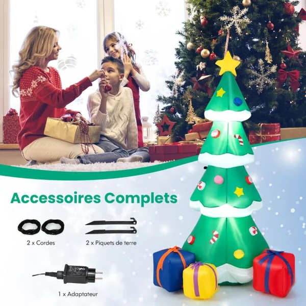 Sapin de Noël Gonflable 180CM avec 3 Paquets Décorations avec Lumières LED Arbre de Noël avec Sac de Sable Piquets Intégrés Multicolore