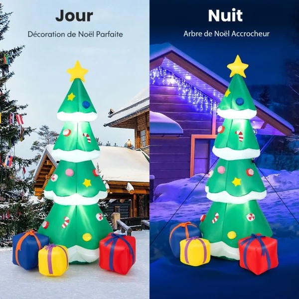 Sapin de Noël Gonflable 180CM avec 3 Paquets Décorations avec Lumières LED Arbre de Noël avec Sac de Sable Piquets Intégrés Multicolore