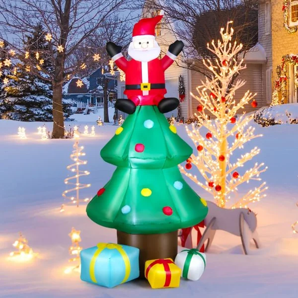 Sapin de Noël Gonflable 2,1 m avec Père Noël Lumières LED Gonfleur Étanche Décoration de Noël pour Intérieure/Extérieure