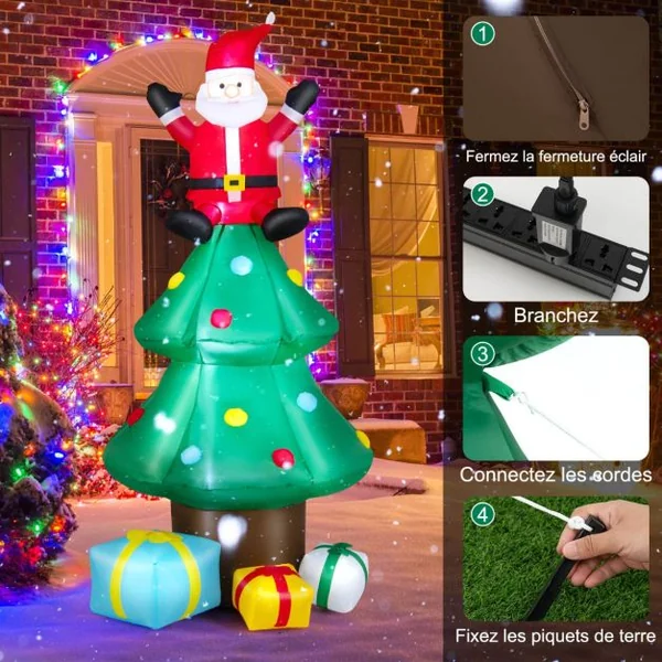 Sapin de Noël Gonflable 2,1 m avec Père Noël Lumières LED Gonfleur Étanche Décoration de Noël pour Intérieure/Extérieure