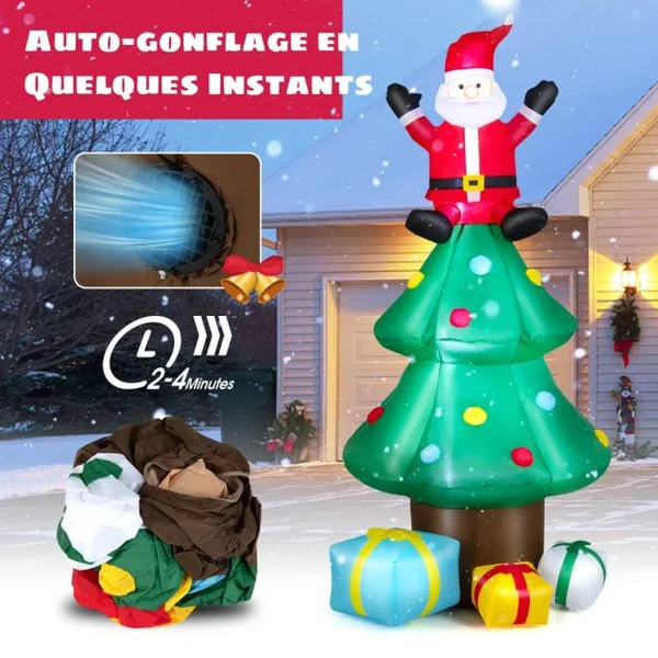 Sapin de Noël Gonflable 2,1 m avec Père Noël Lumières LED Gonfleur Étanche Décoration de Noël pour Intérieure/Extérieure