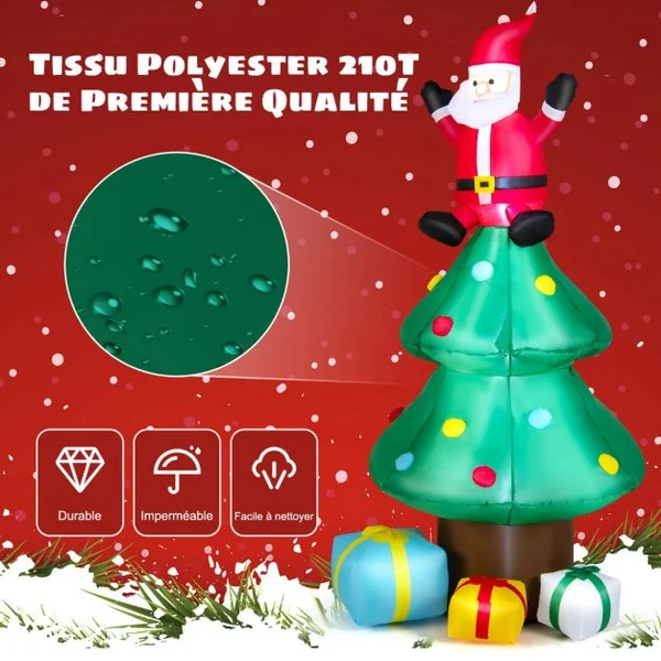 Sapin de Noël Gonflable 2,1 m avec Père Noël Lumières LED Gonfleur Étanche Décoration de Noël pour Intérieure/Extérieure