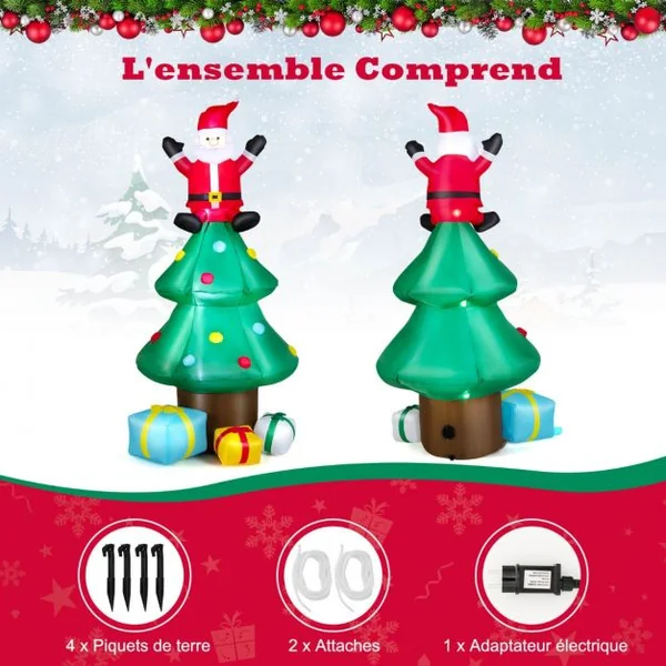 Sapin de Noël Gonflable 2,1 m avec Père Noël Lumières LED Gonfleur Étanche Décoration de Noël pour Intérieure/Extérieure