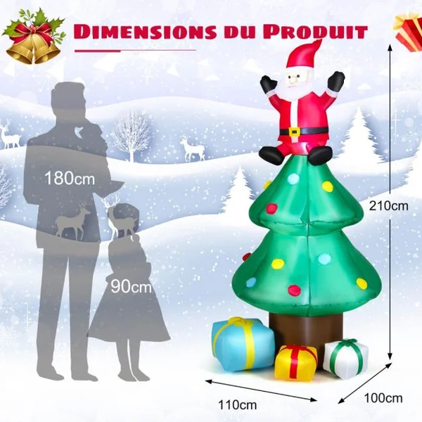 Sapin de Noël Gonflable 2,1 m avec Père Noël Lumières LED Gonfleur Étanche Décoration de Noël pour Intérieure/Extérieure