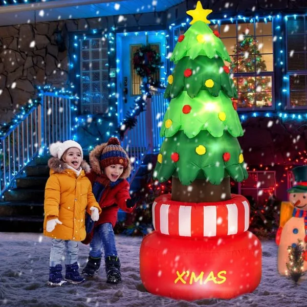 Sapin de Noël Gonflable Rotatif 245 CM Décorations Gonflables de Noël avec Lumières LED Arbre Gonflable de Noël avec Sacs d'Eau