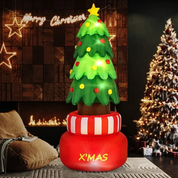 Sapin de Noël Gonflable Rotatif 245 CM Décorations Gonflables de Noël avec Lumières LED Arbre Gonflable de Noël avec Sacs d'Eau