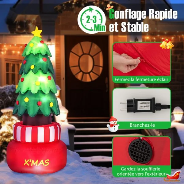 Sapin de Noël Gonflable Rotatif 245 CM Décorations Gonflables de Noël avec Lumières LED Arbre Gonflable de Noël avec Sacs d'Eau