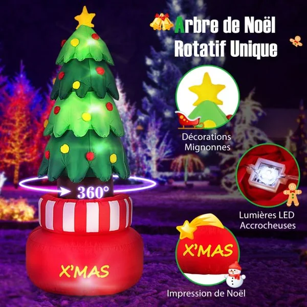 Sapin de Noël Gonflable Rotatif 245 CM Décorations Gonflables de Noël avec Lumières LED Arbre Gonflable de Noël avec Sacs d'Eau