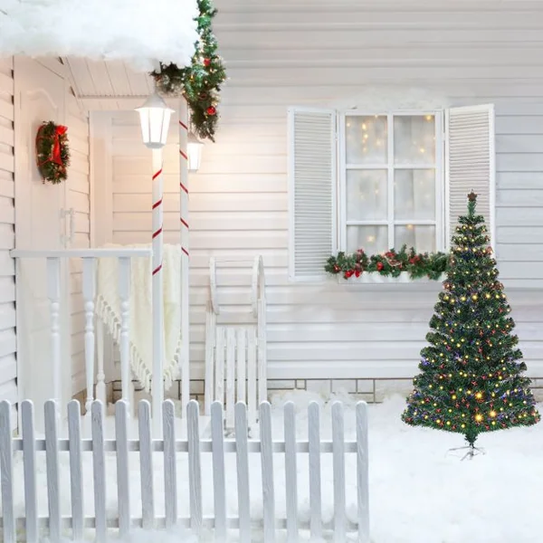 Sapin de Noël LED 150 cm avec 180 Lumières 8 Modes d’Illuminations à Fibre Optique Pré-éclairé Aiguilles en PVC 180 Branches