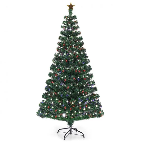 Sapin de Noël LED 150 cm avec 180 Lumières 8 Modes d’Illuminations à Fibre Optique Pré-éclairé Aiguilles en PVC 180 Branches