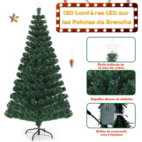 Sapin de Noël LED 150 cm avec 180 Lumières 8 Modes d’Illuminations à Fibre Optique Pré-éclairé Aiguilles en PVC 180 Branches