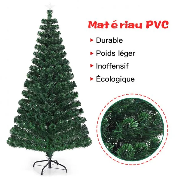 Sapin de Noël LED 150 cm avec 180 Lumières 8 Modes d’Illuminations à Fibre Optique Pré-éclairé Aiguilles en PVC 180 Branches