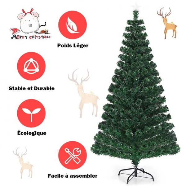 Sapin de Noël LED 150 cm avec 180 Lumières 8 Modes d’Illuminations à Fibre Optique Pré-éclairé Aiguilles en PVC 180 Branches