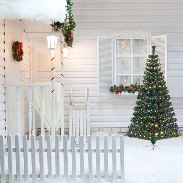 Sapin de Noël LED 180 cm avec 230 Lumières 8 Modes d’Illuminations à Fibre Optique Pré-éclairé Aiguilles en PVC 230 Branches