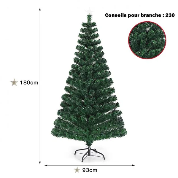 Sapin de Noël LED 180 cm avec 230 Lumières 8 Modes d’Illuminations à Fibre Optique Pré-éclairé Aiguilles en PVC 230 Branches