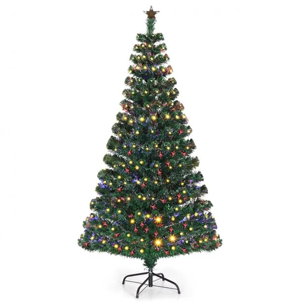Sapin de Noël LED 180 cm avec 230 Lumières 8 Modes d’Illuminations à Fibre Optique Pré-éclairé Aiguilles en PVC 230 Branches