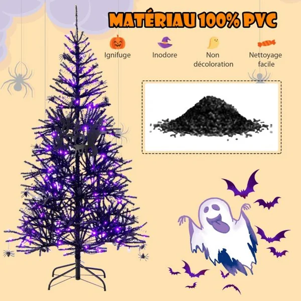 Sapin de Noël Noir 180CM Sapin Artificiel d'Halloween avec 791 Branches 250 Lumières Arbre de Décoration pour Maison Bureau